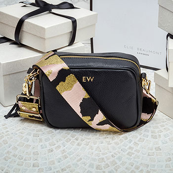 Personalised Elie Beaumont Black Bag with Pink Camouflage Strap